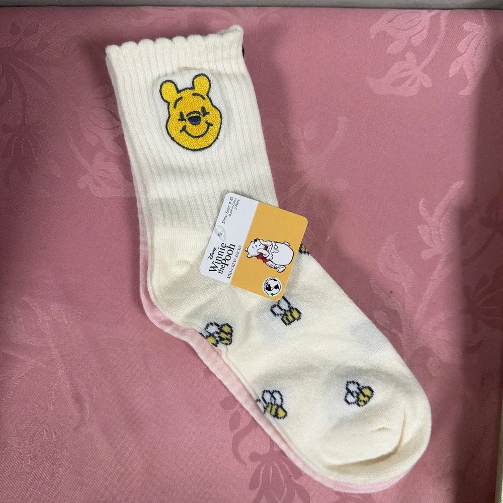 Disney Winnie the Pooh Piglet Mid-Crew Socks 2 Pair Set Cream Pink Bee Shoe 4-10